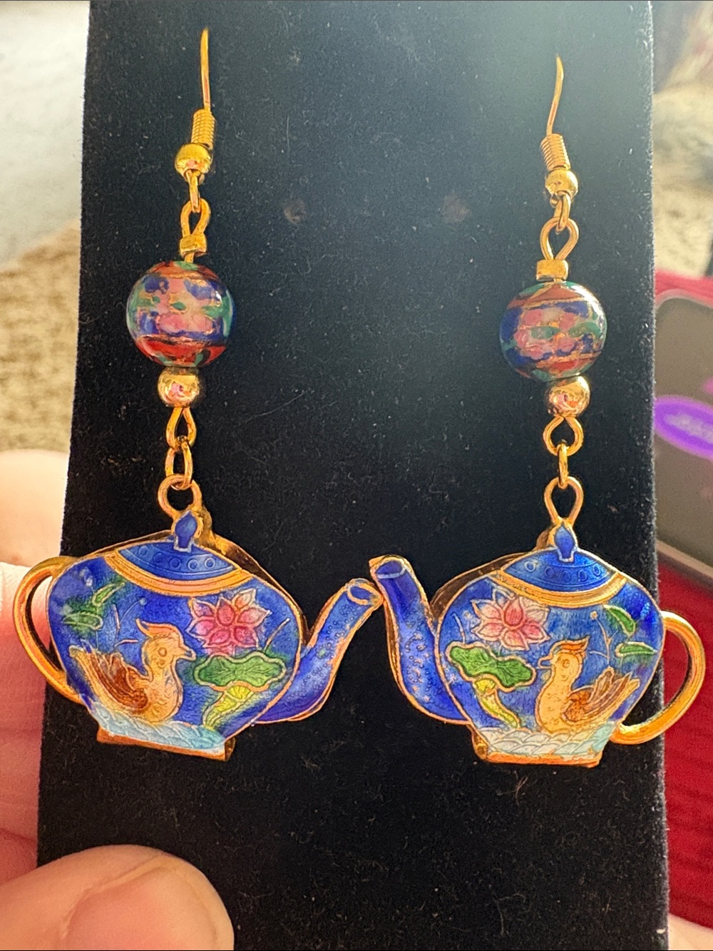 Hand Crafted Blue Cloisonné Teapot Drop Earrings with Gold Accents